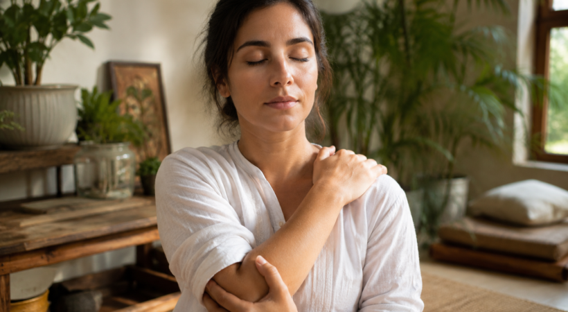 A woman practicing mindful self-massage with eyes closed in a calm, naturally lit room surrounded by plants, symbolizing meditation, relaxation, and relief from fear and anxiety.