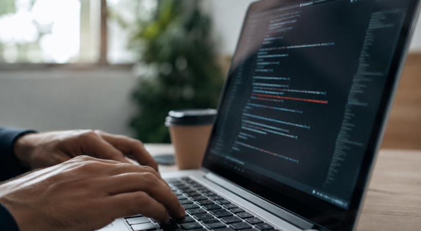 Close-up of a person typing on a laptop displaying code in a naturally lit workspace, representing AI cybersecurity, autonomous agents, and digital security risks
